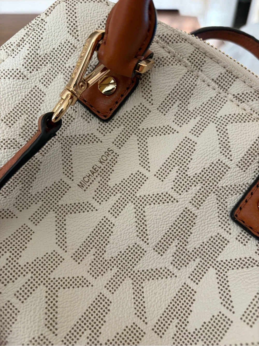 Michael Kors Beige Logo Satchel with Tan Leather Trim